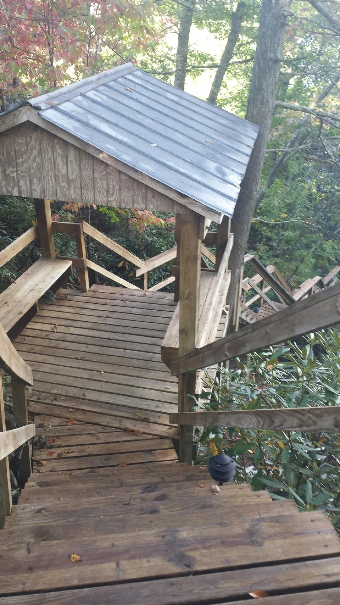 Metal roofed shelter over wooden steps on a wooded walkway — Skylight Repair & Installation work by our crew in Rudolph